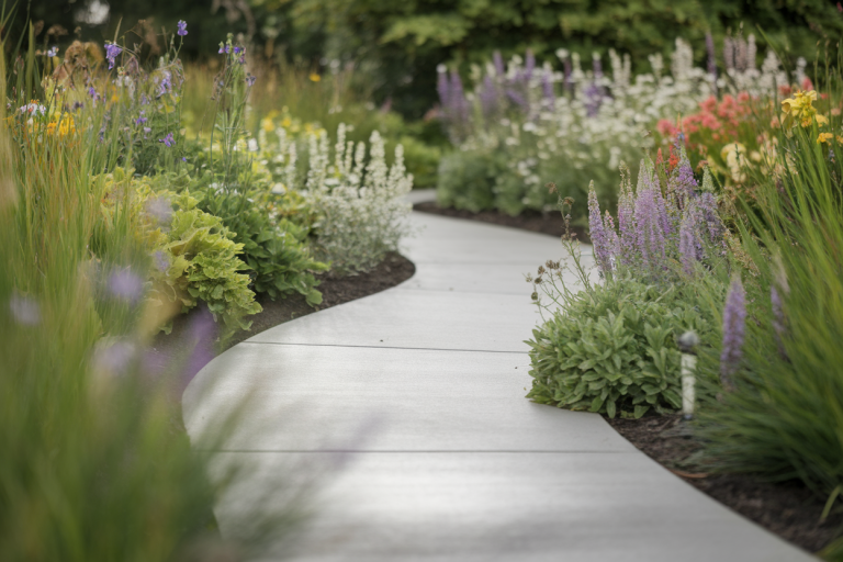 chemin-beton-jardin-fleuri-flou