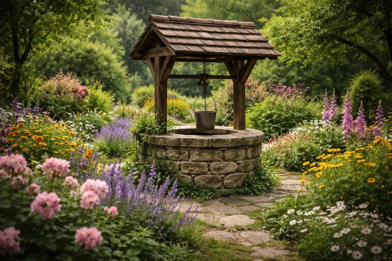 jardin-verdoyant-puits-pierre-fleurs