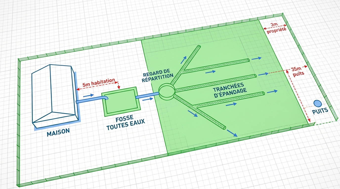Plan schéma épandage fosse septique toutes eaux vue aérienne distances réglementaires