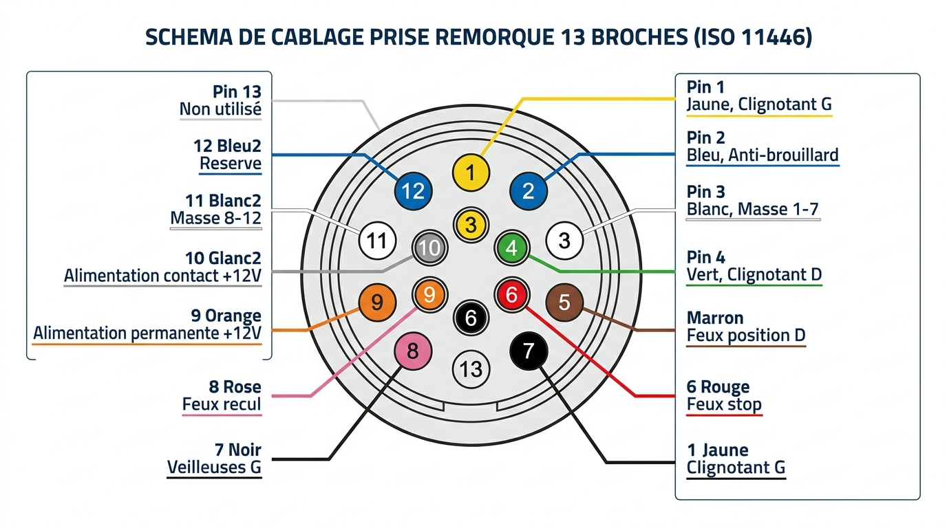 Schéma de branchement prise remorque 13 broches code couleur ISO 11446